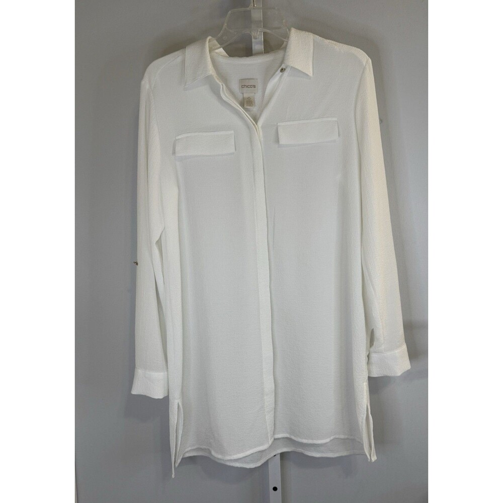 Chico’s White Tunic Blouse Women’s 0 (US 4) Long Sleeve Button Front Roll Tab